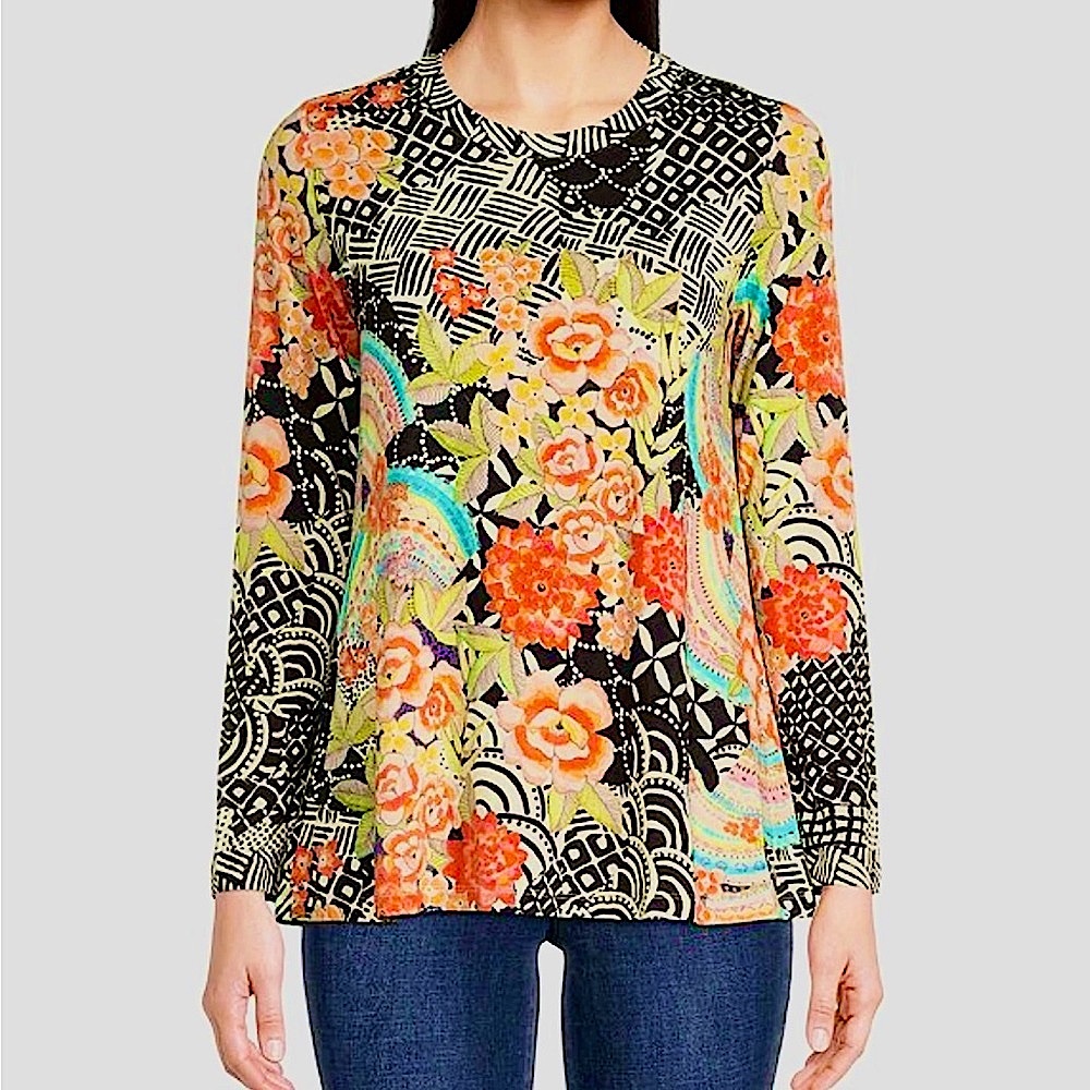 Johnny Was Sunrise patchwork floral geo favorite long sleeve tee. Size M
